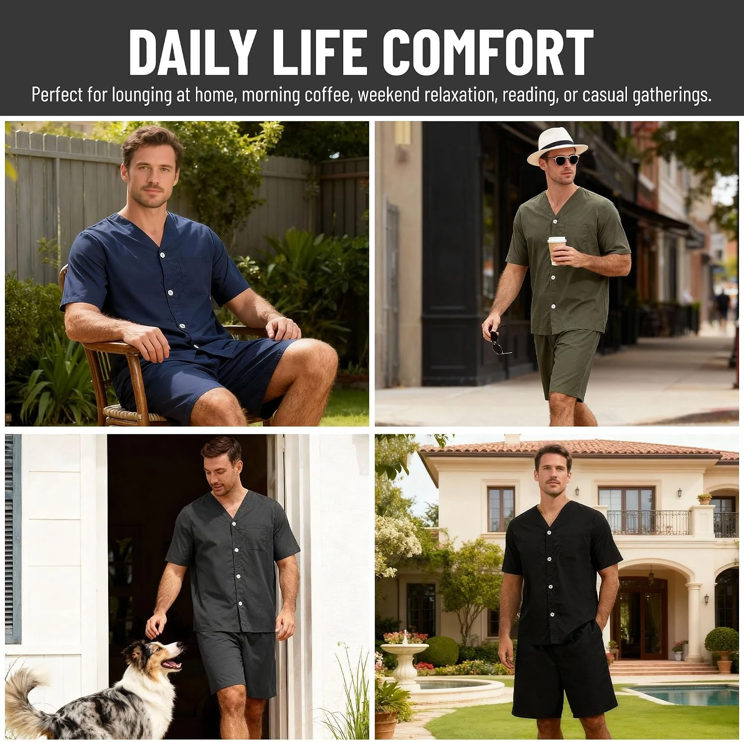 Men's Cotton Short Pajama Set, Black