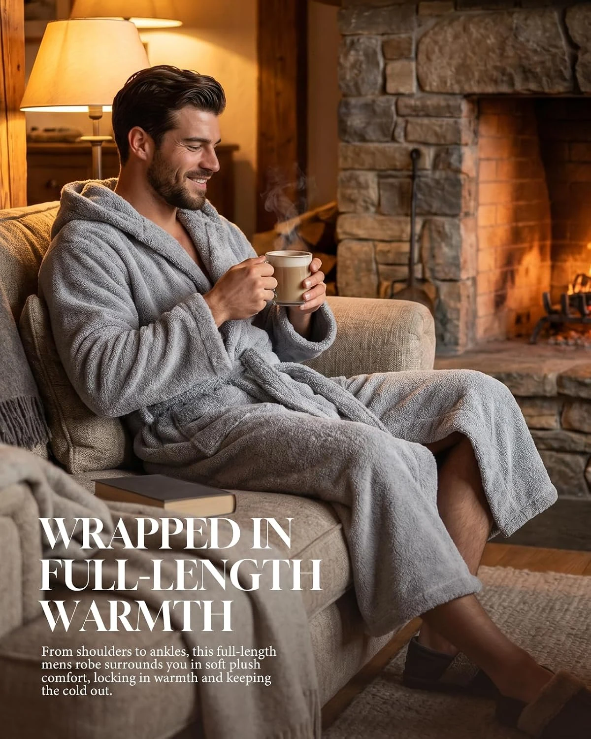 Men's Fleece Hooded Robe II, Light Grey