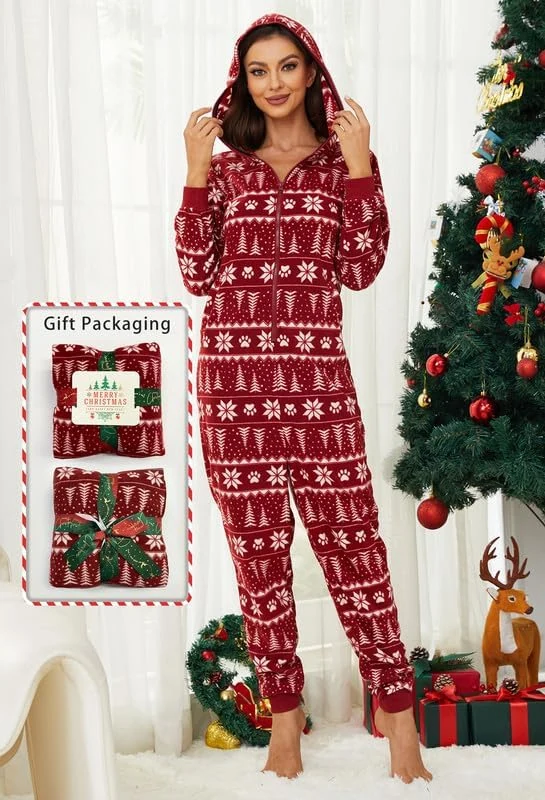 Women's Fleece Hooded Onesie, Christmas Tree