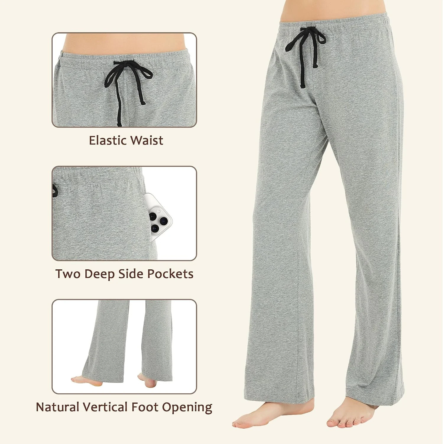 Women's Cotton Pajama Pants III, Light Grey Melange.