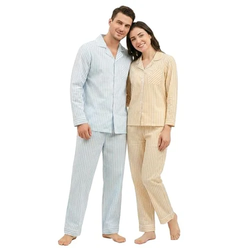 Men's Cotton Pajama Set IV, Yellow White Stripe