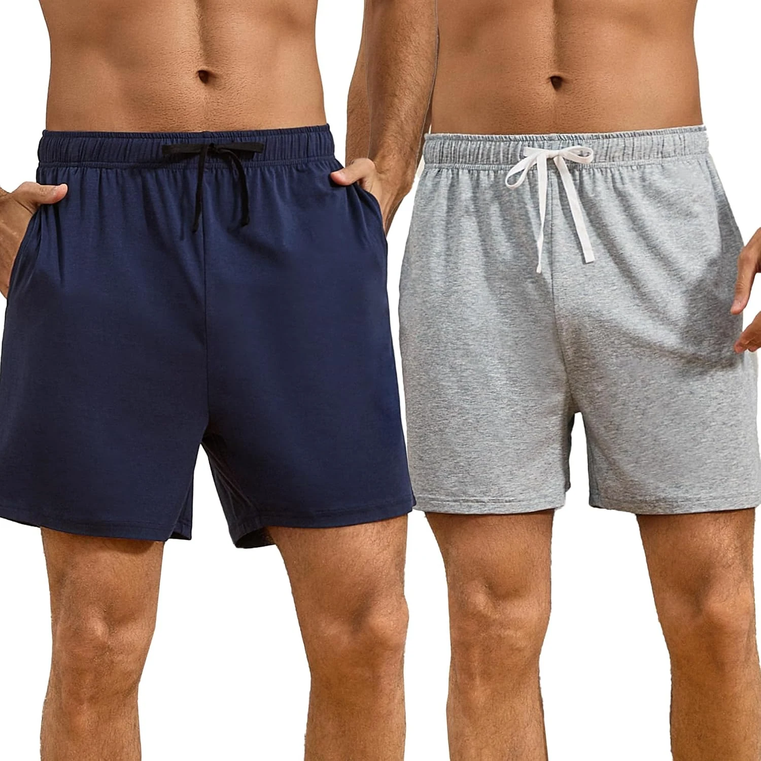 Men's Cotton Sleep Shorts, Light Grey Melange Navy