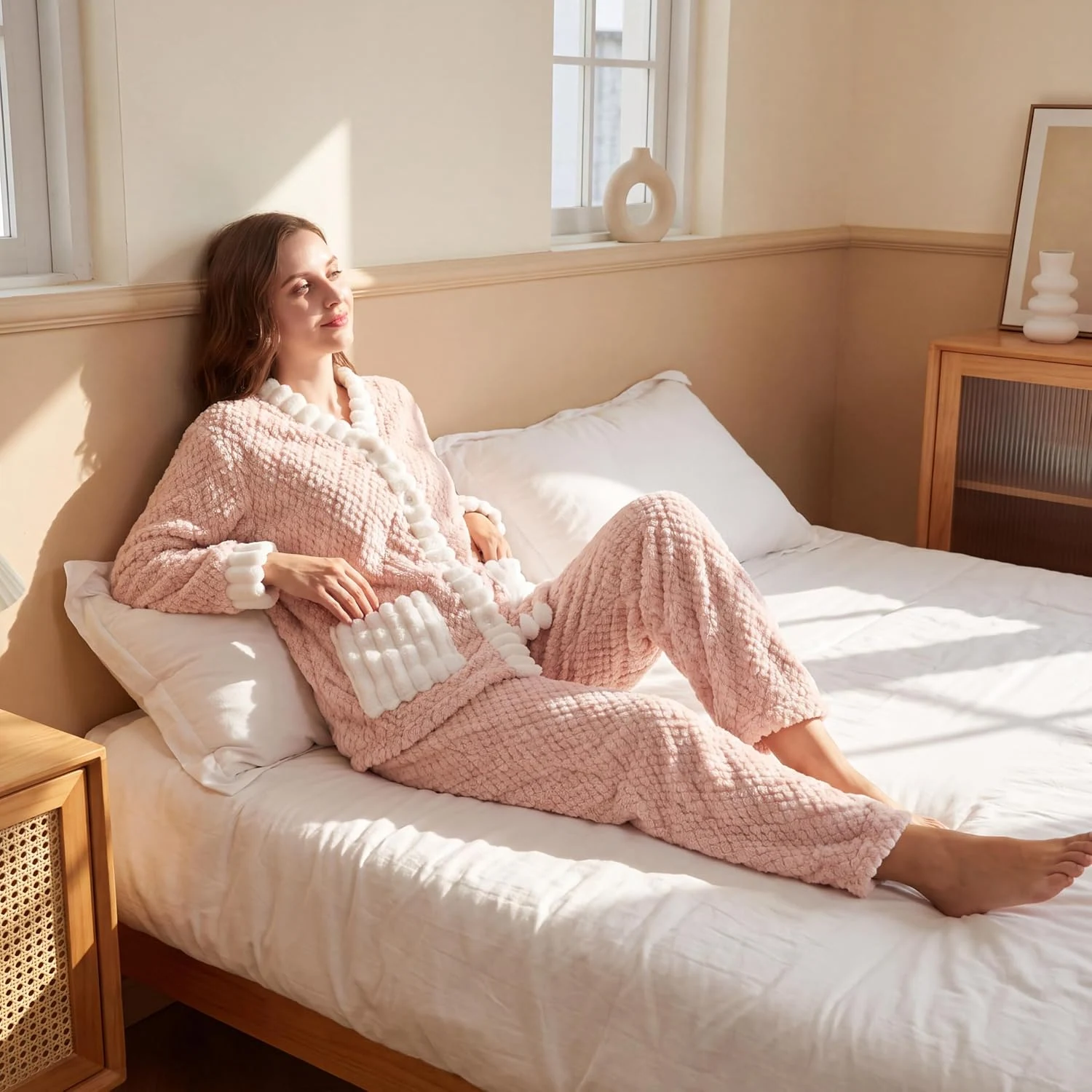 Women's Fleece Pajama Set, Flesh Pink / White