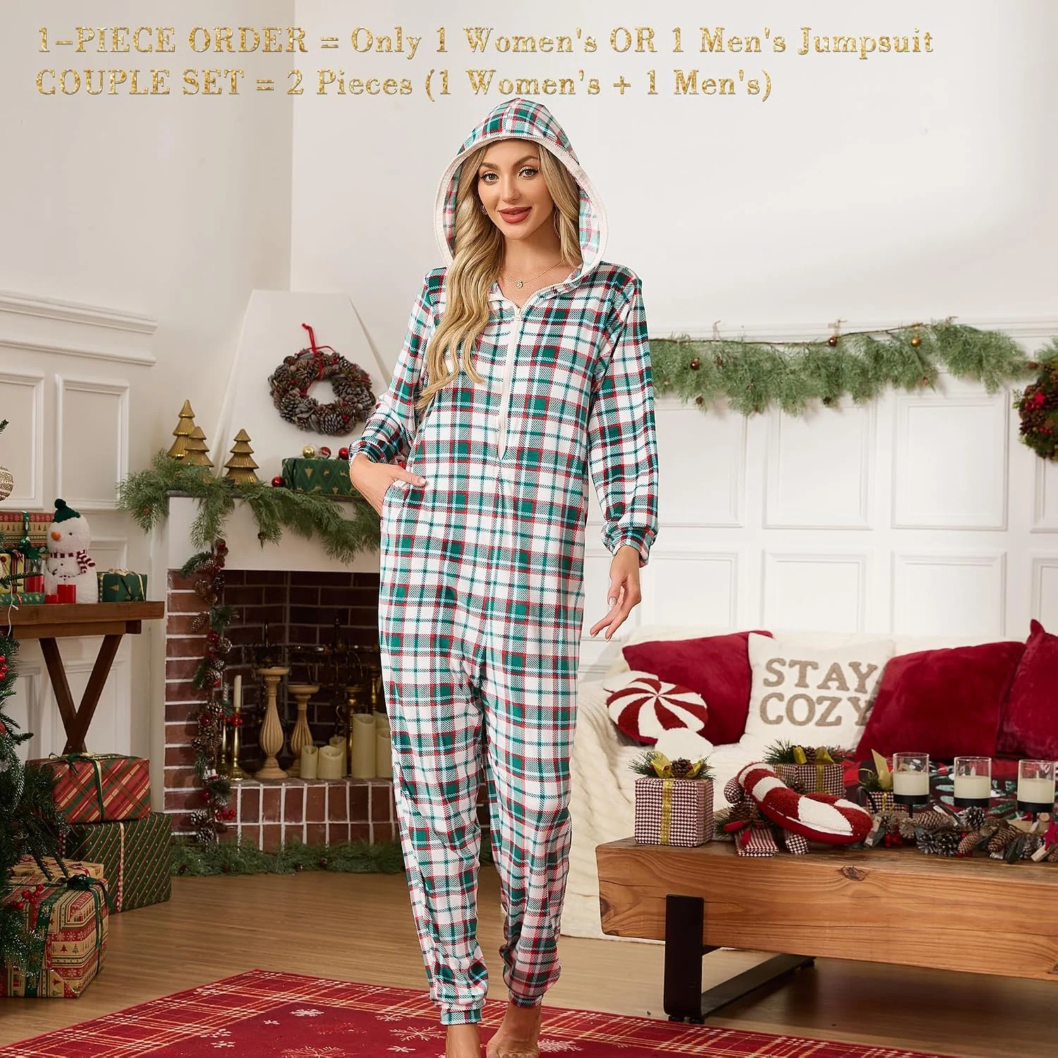Women's Fleece Hooded Onesie II, Light Green White Plaid