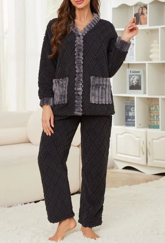 Women's Fleece Pajama Set, Black Dark Grey