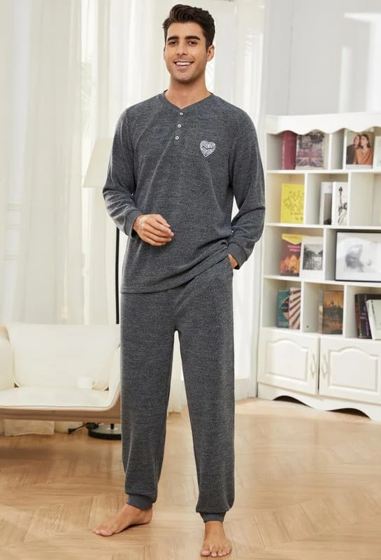 Men's Knit Henley Top, Black Grey Melange.