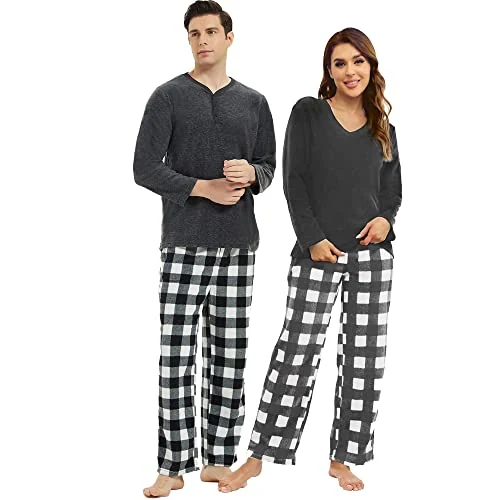 Women's Fleece Pajama Set III, Dark Grey Melange. / Buffalo Plaid White