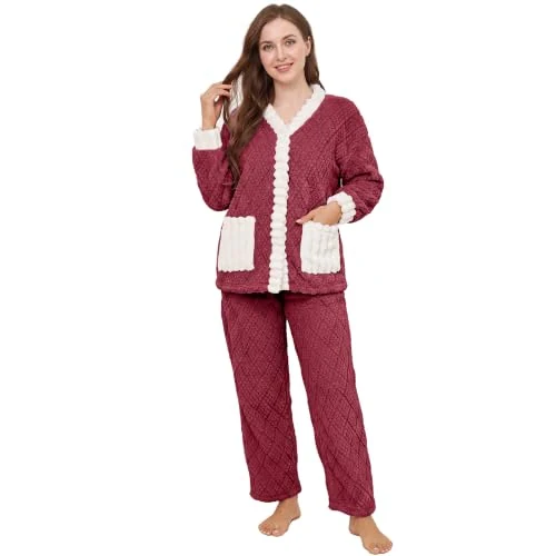Women's Fleece Pajama Set, Burgundy / White