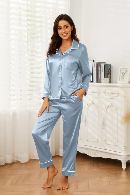 Women's Satin Pajama Set, Clear Blue