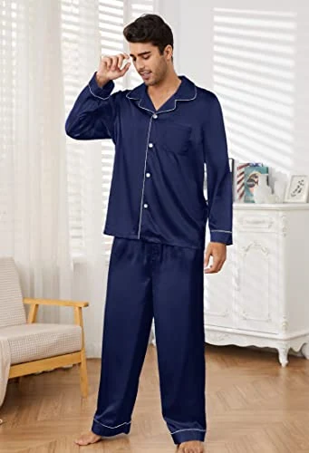 Men's Satin Pajama Set, Navy