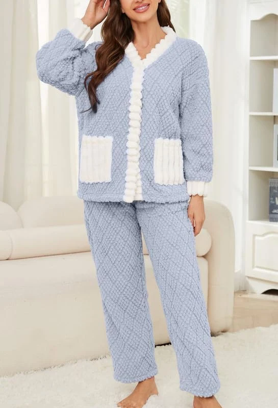 Women's Fleece Pajama Set, Light Blue White