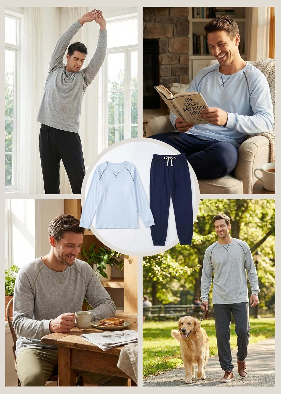 Men's Cotton Lounge Set, Light Blue / Navy