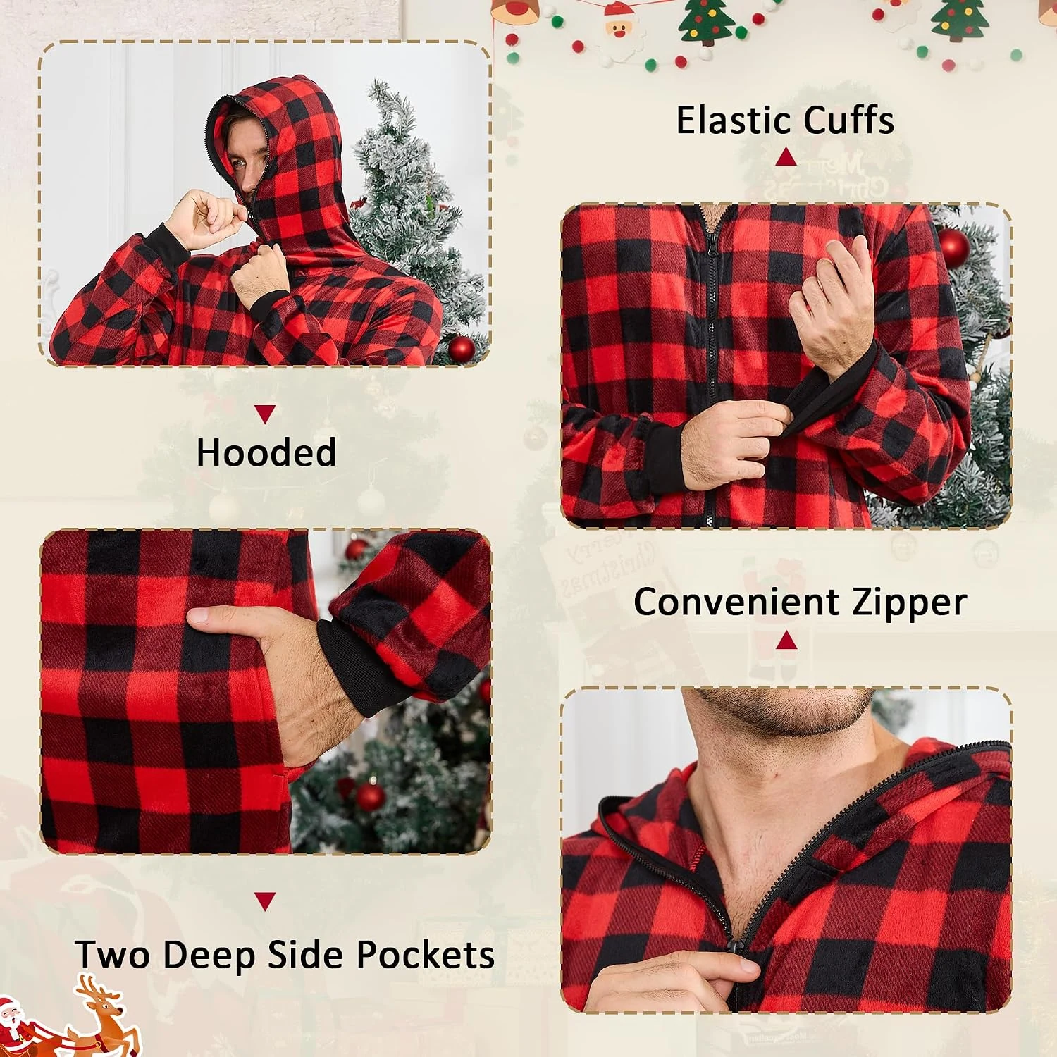Women's Fleece Hooded Onesie III, Buffalo Plaid Red