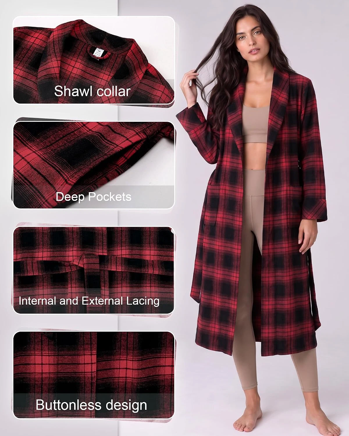 Women's Flannel Robe, Burgundy Brown Plaid