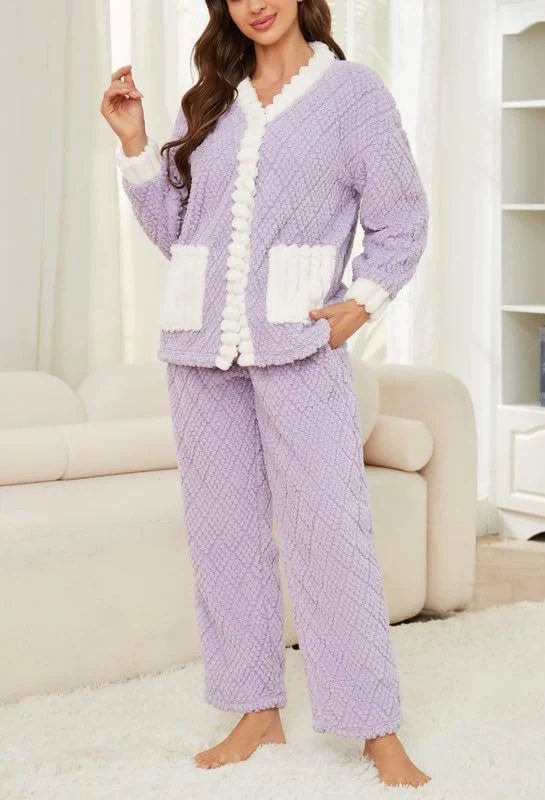 Women's Fleece Pajama Set, Lavender White