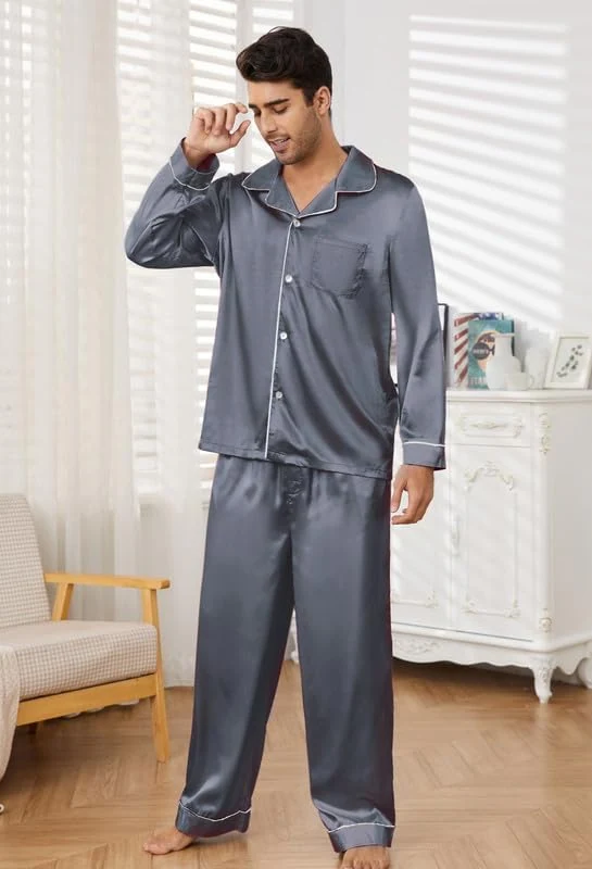 Men's Satin Pajama Set, Dark Grey
