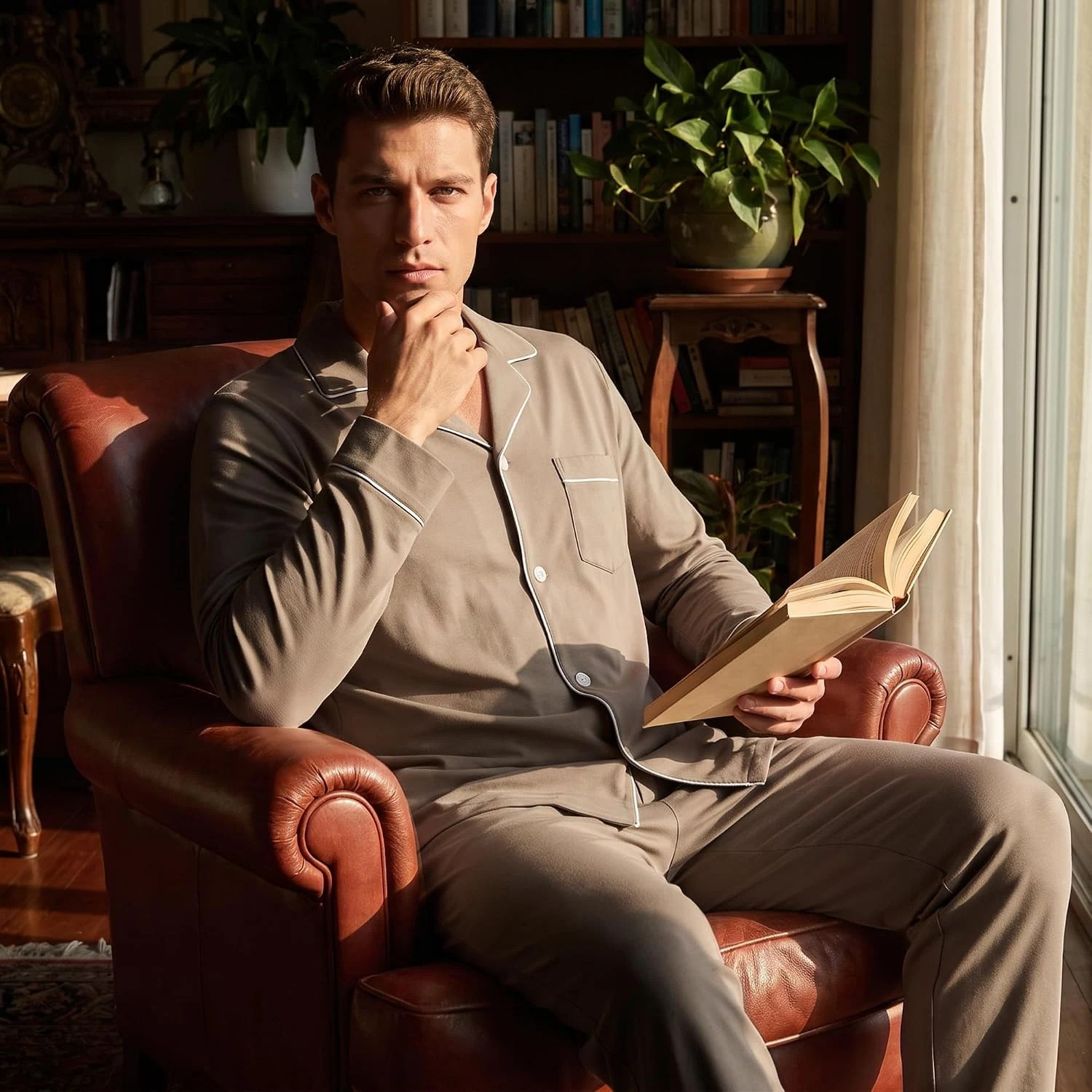 Men's Cotton Pajama Set, Khaki