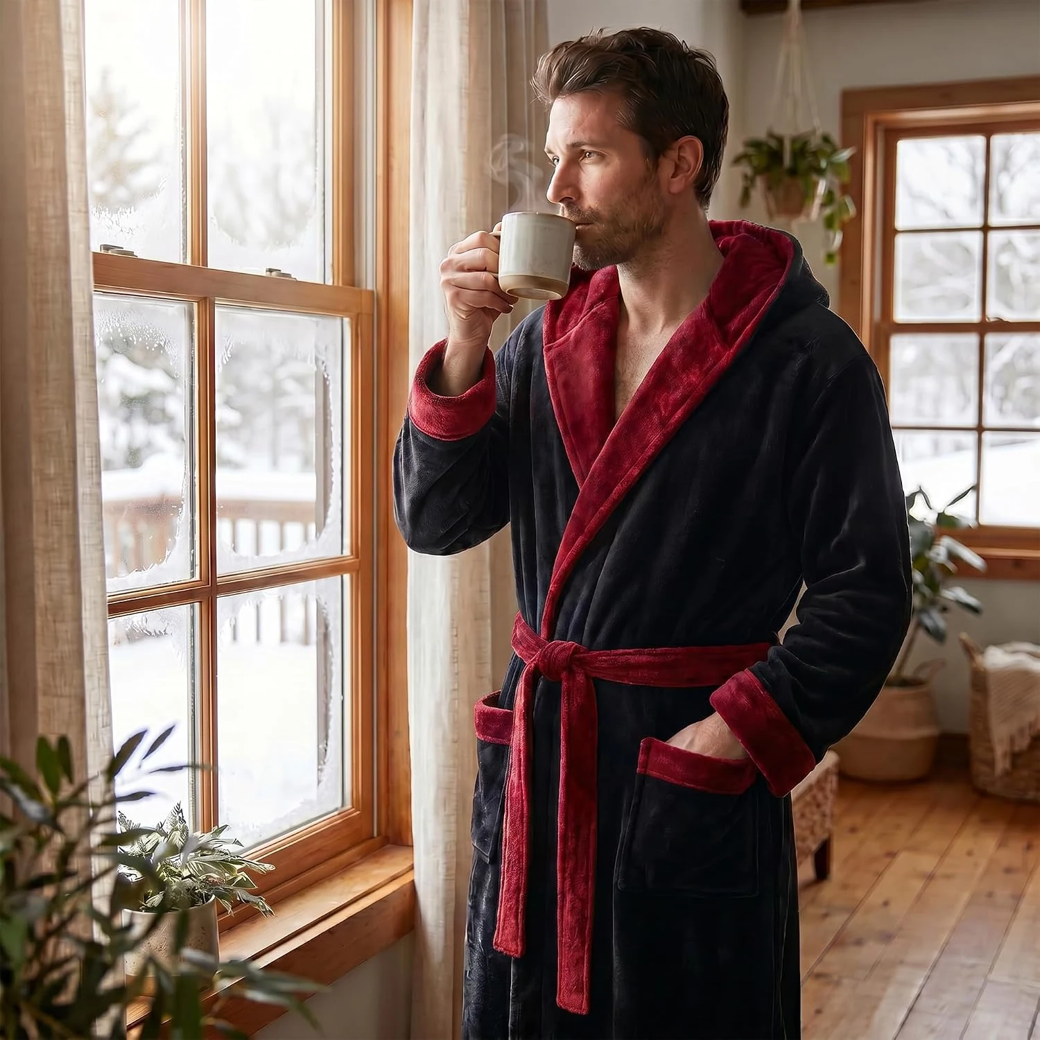 Men's Fleece Hooded Robe, Black / Dark Red