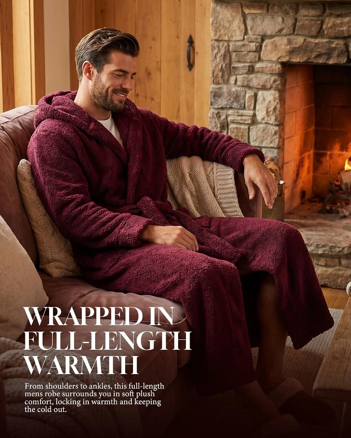Men's Fleece Hooded Robe II, Burgundy