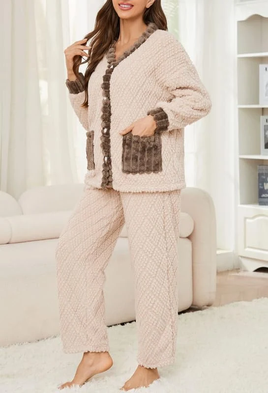 Women's Fleece Pajama Set, Beige Light Brown