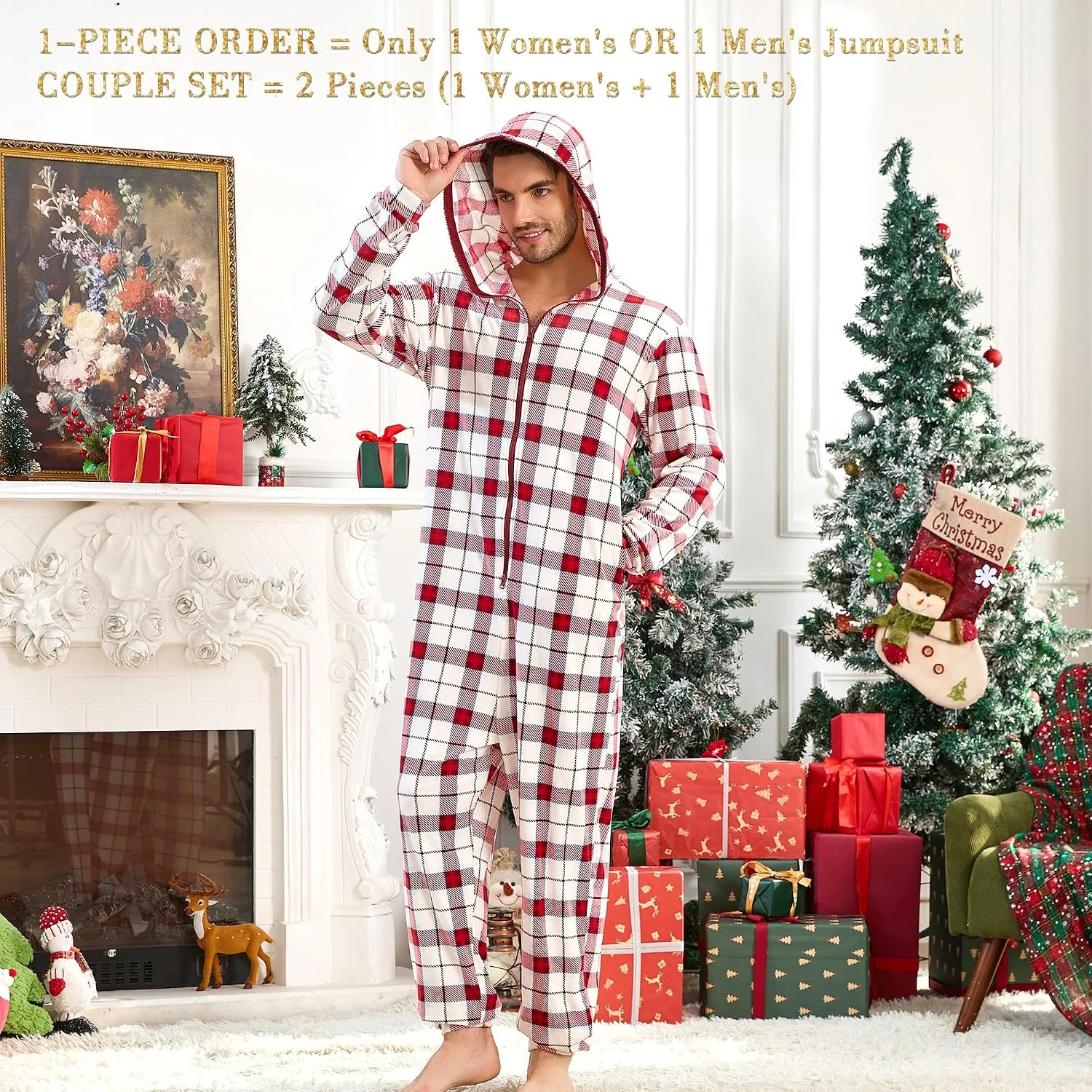 Men's Fleece Hooded Onesie, Burgundy Blue Plaid