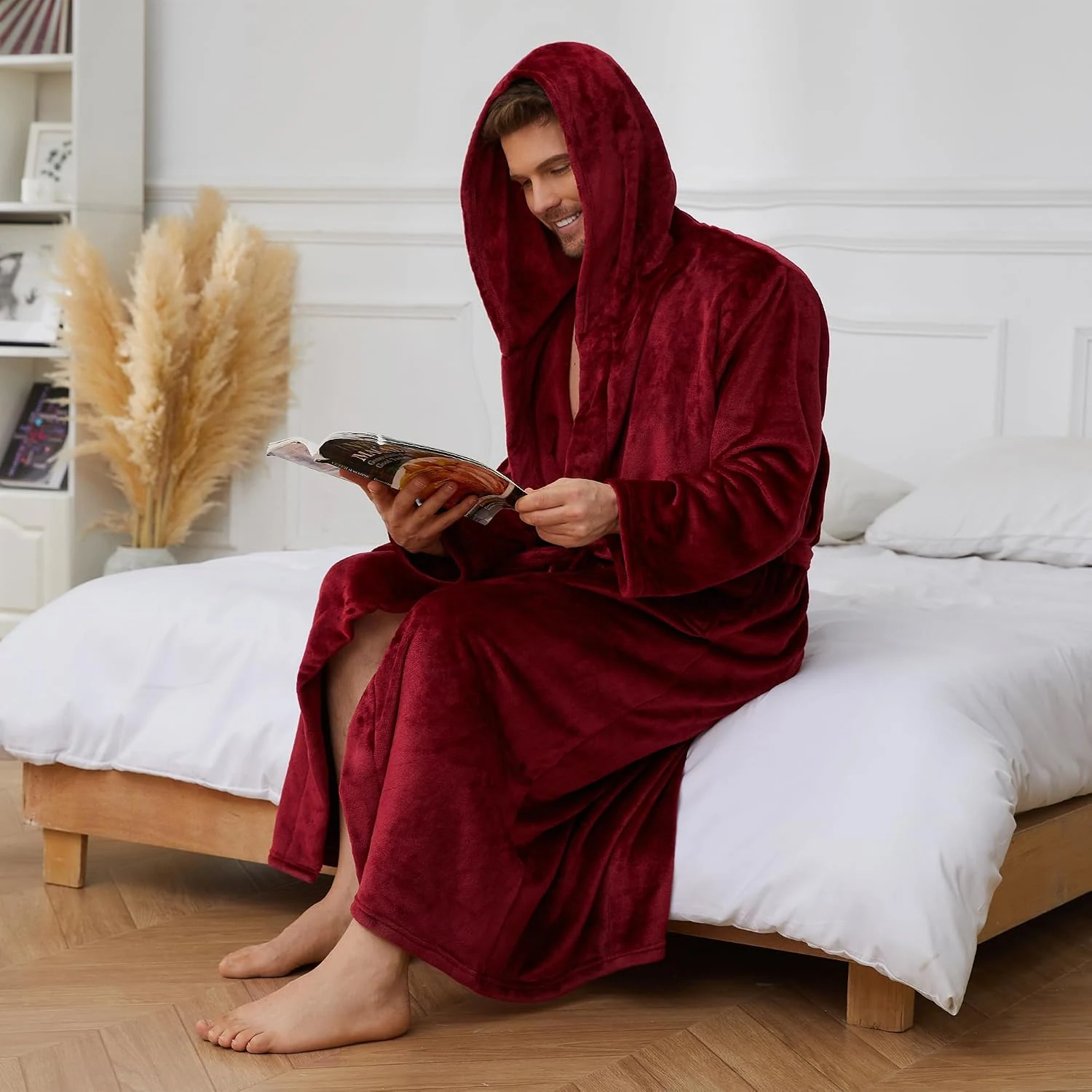 Men's Fleece Hooded Robe VI, Burgundy