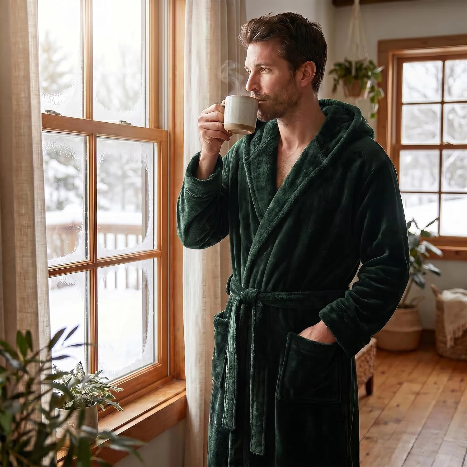 Men's Fleece Hooded Robe, Dark Green