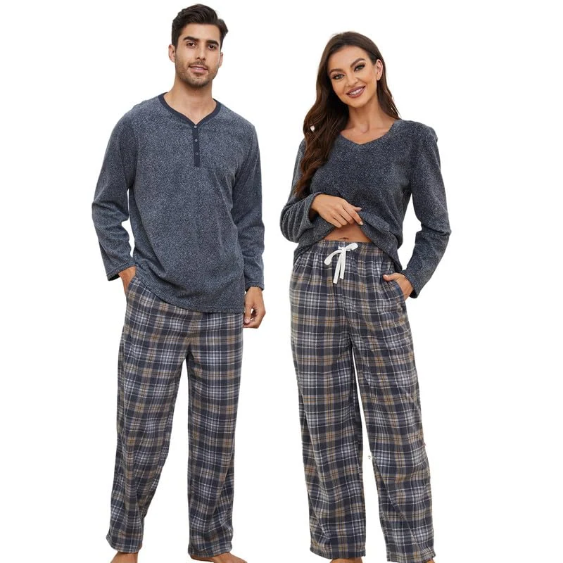 Women's Fleece Pajama Set III, Dark Grey Melange. / Grey Yellow Plaid