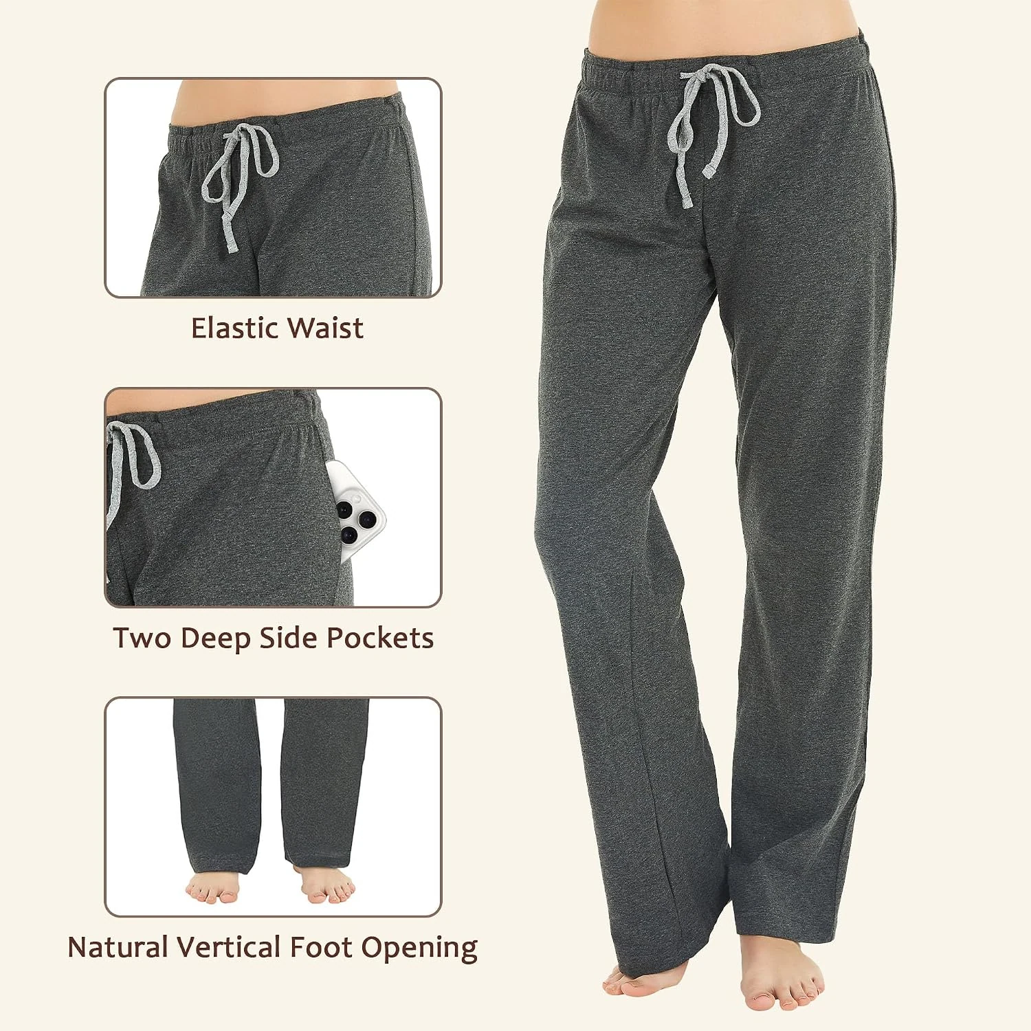 Women's Cotton Pajama Pants, Dark Grey Melange.