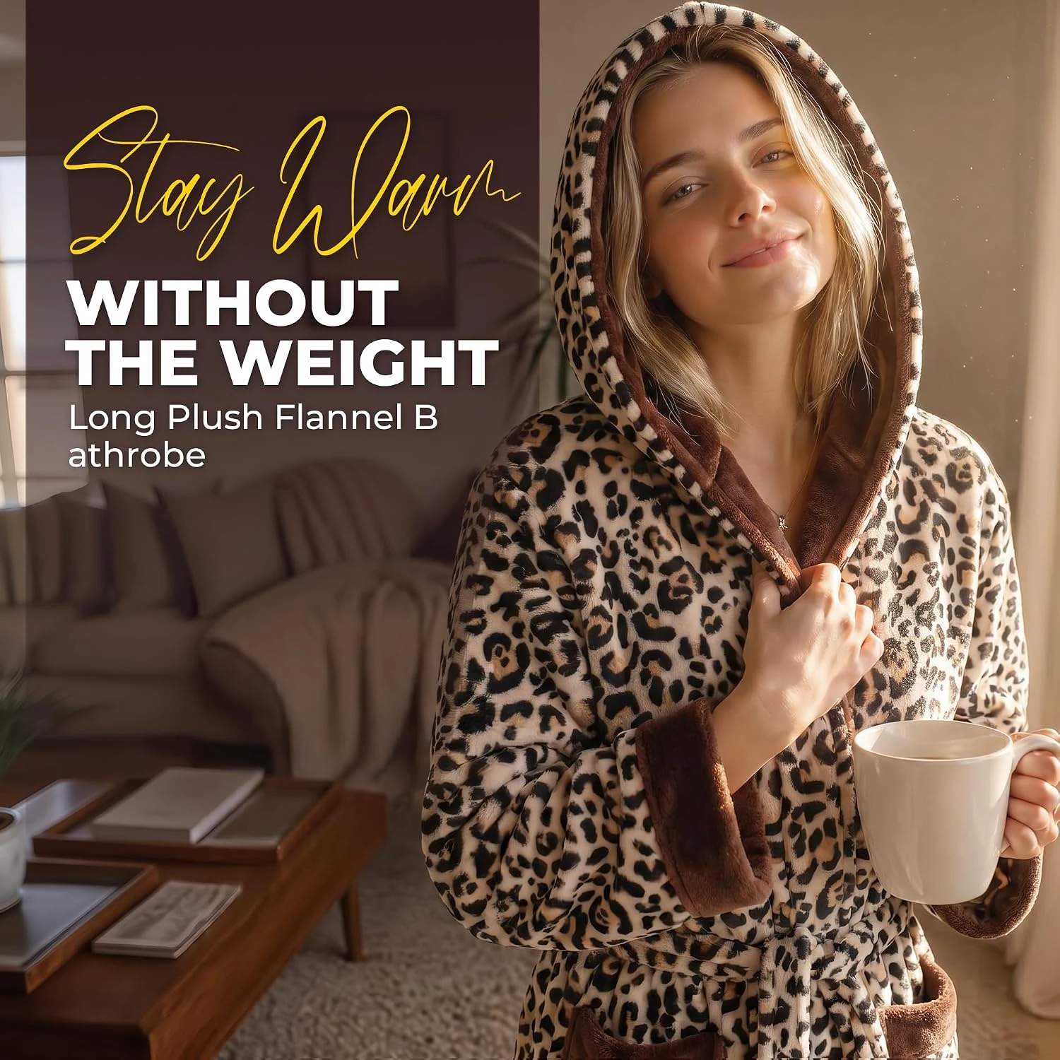 Women's Fleece Hooded Robe II, Rose Leopard Light Pink