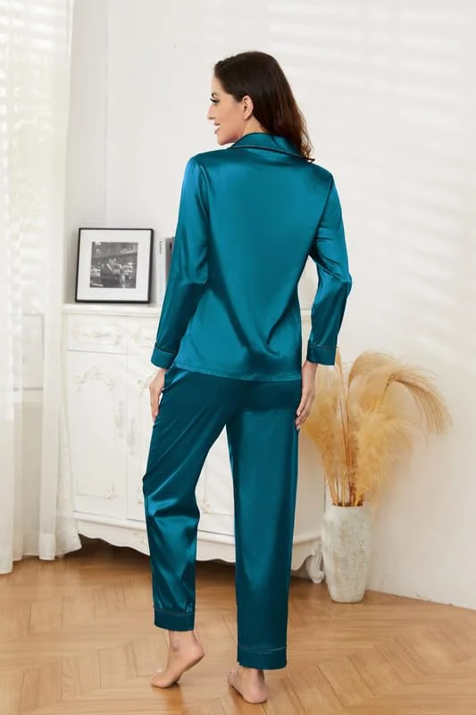Women's Satin Pajama Set, Blue Green