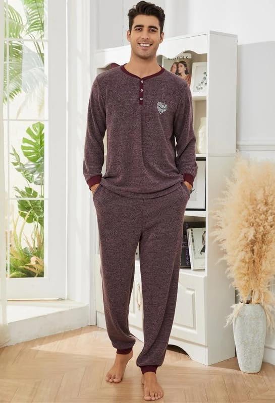 Men's Knit Henley Top, Dark Purple Melange.