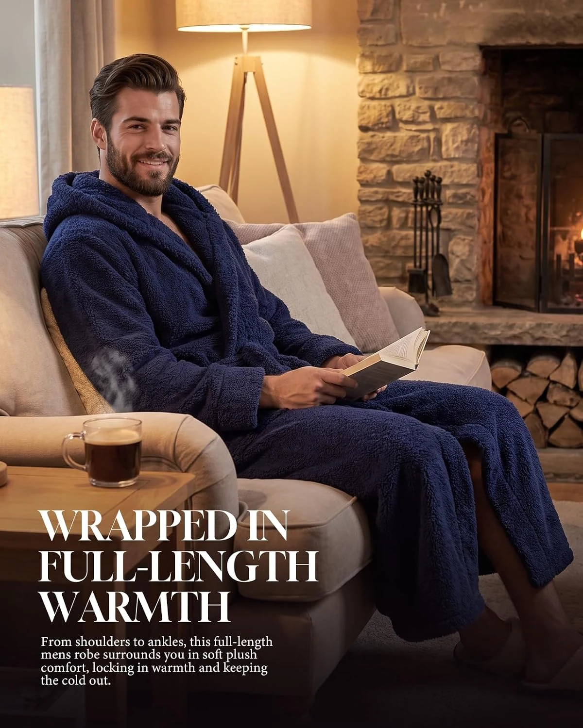 Men's Fleece Hooded Robe II, Navy