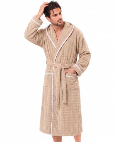 Men's Fleece Hooded Robe IV, Light Khaki