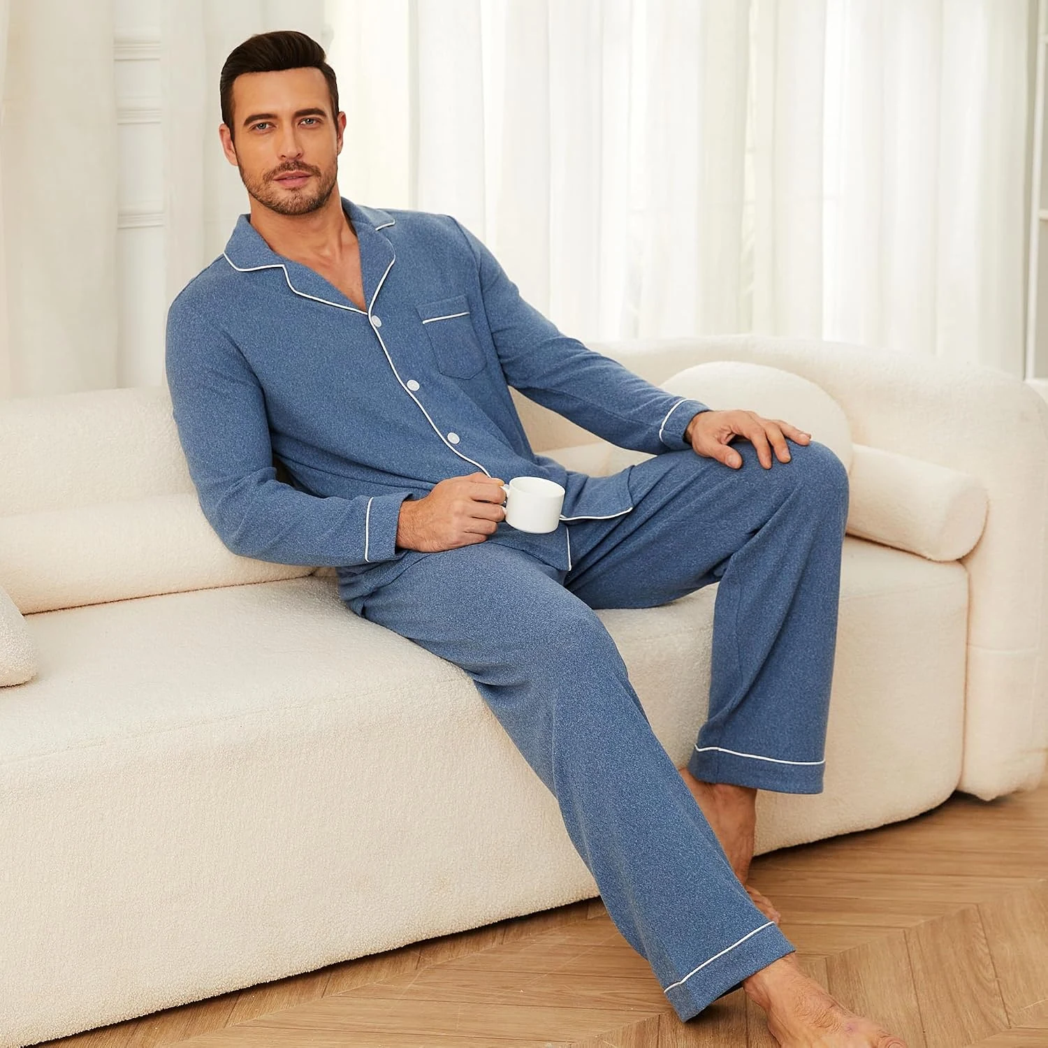 Men's Long-Sleeve Pajama Set, Dark Navy Melange.