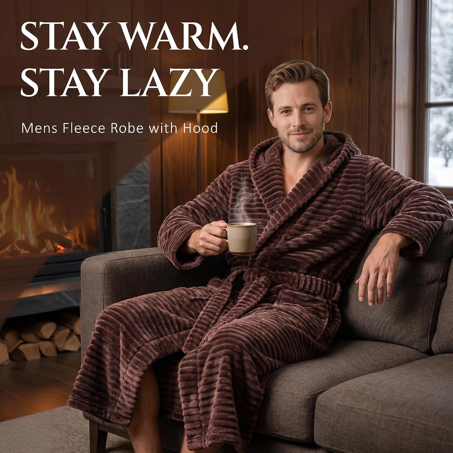 Men's Fleece Hooded Robe V, Coffee