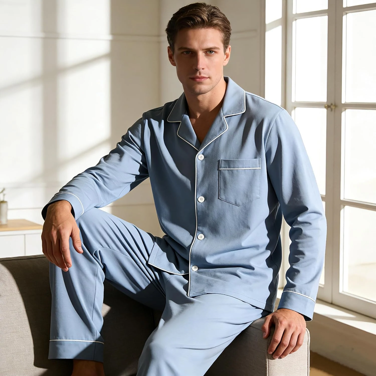 Men's Cotton Pajama Set, Grey Blue