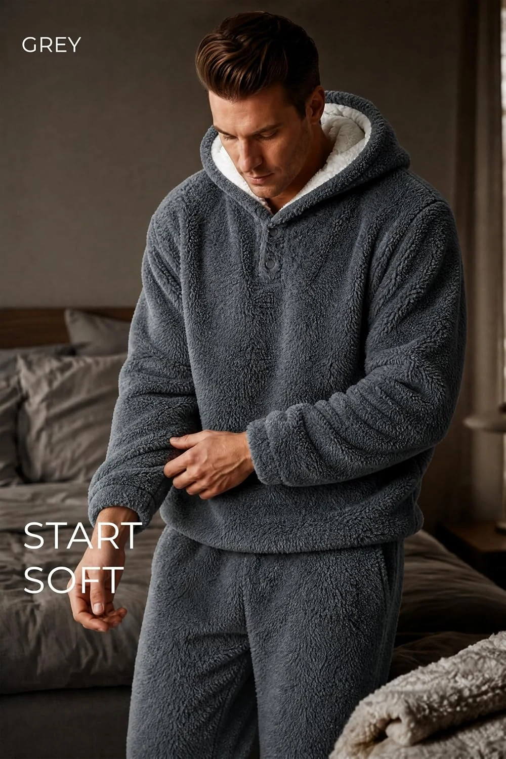 Men's Fleece Two-Piece Pajama Set, Dark Grey