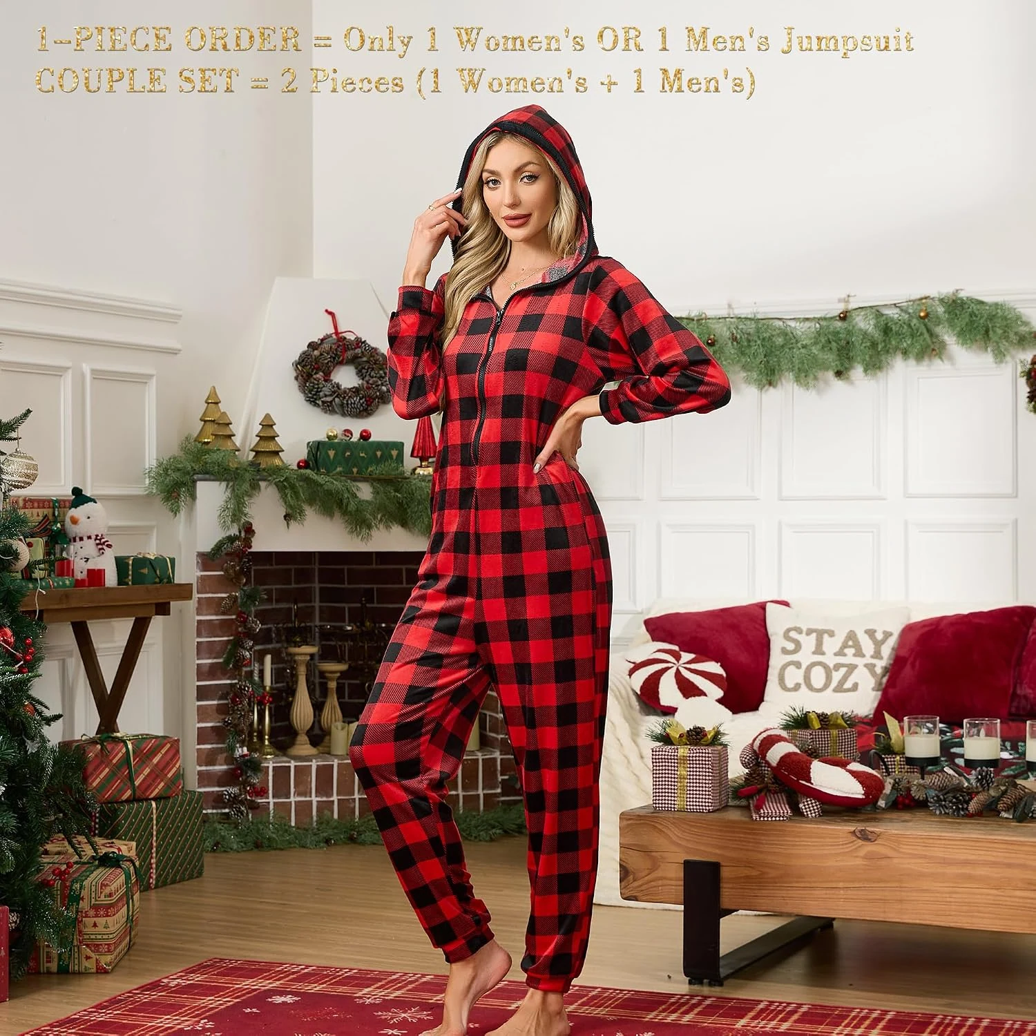 Women's Fleece Hooded Onesie II, Buffalo Plaid Red