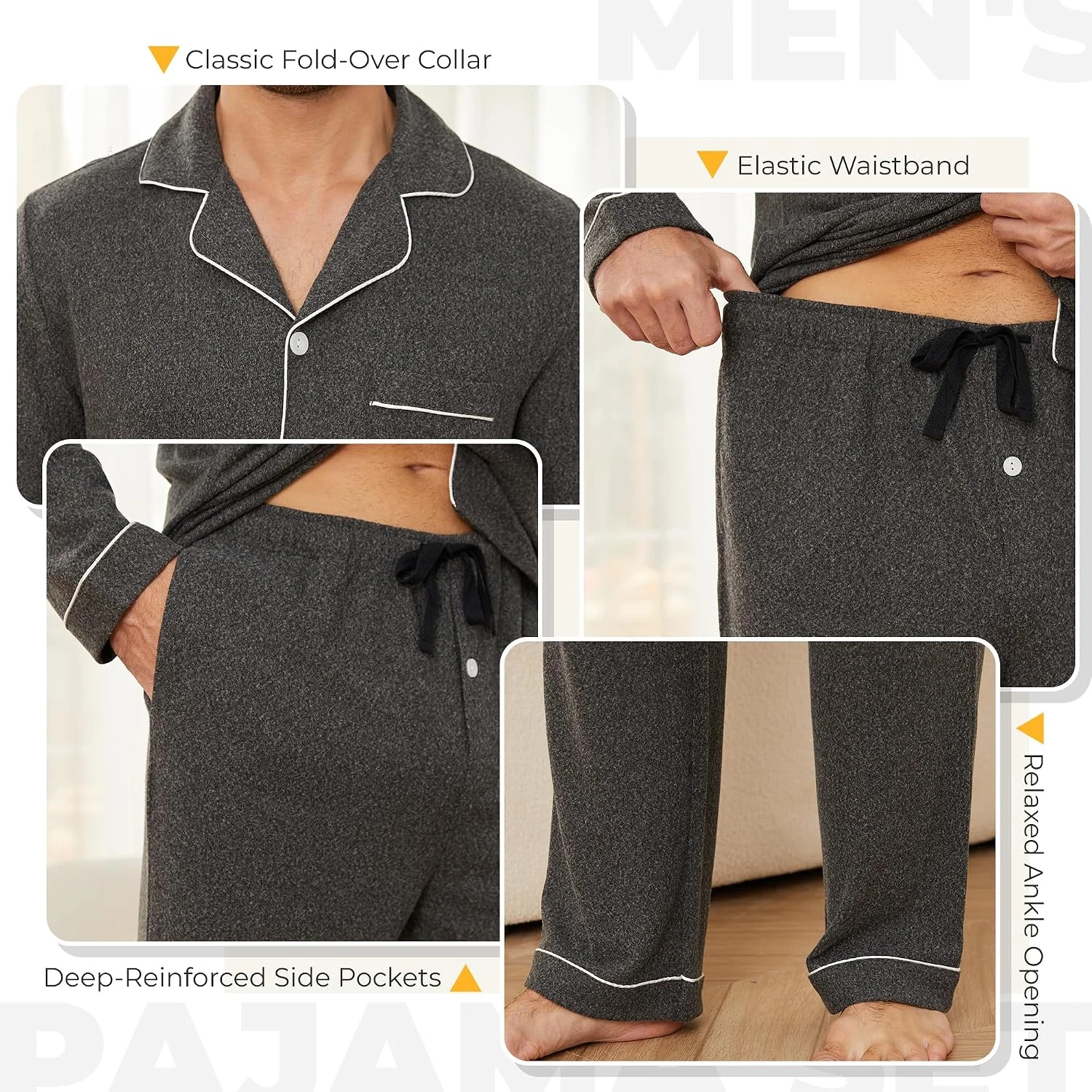 Men's Long-Sleeve Pajama Set, Dark Grey Melange.