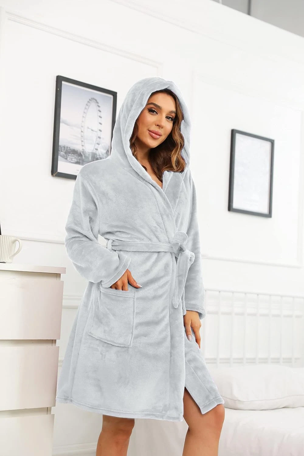Women's Fleece Hooded Robe, Light Grey