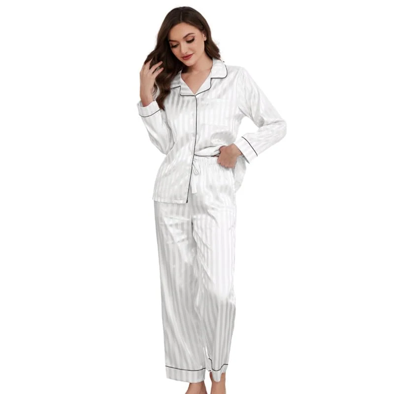 Women's Satin Pajama Set II, White Stripe