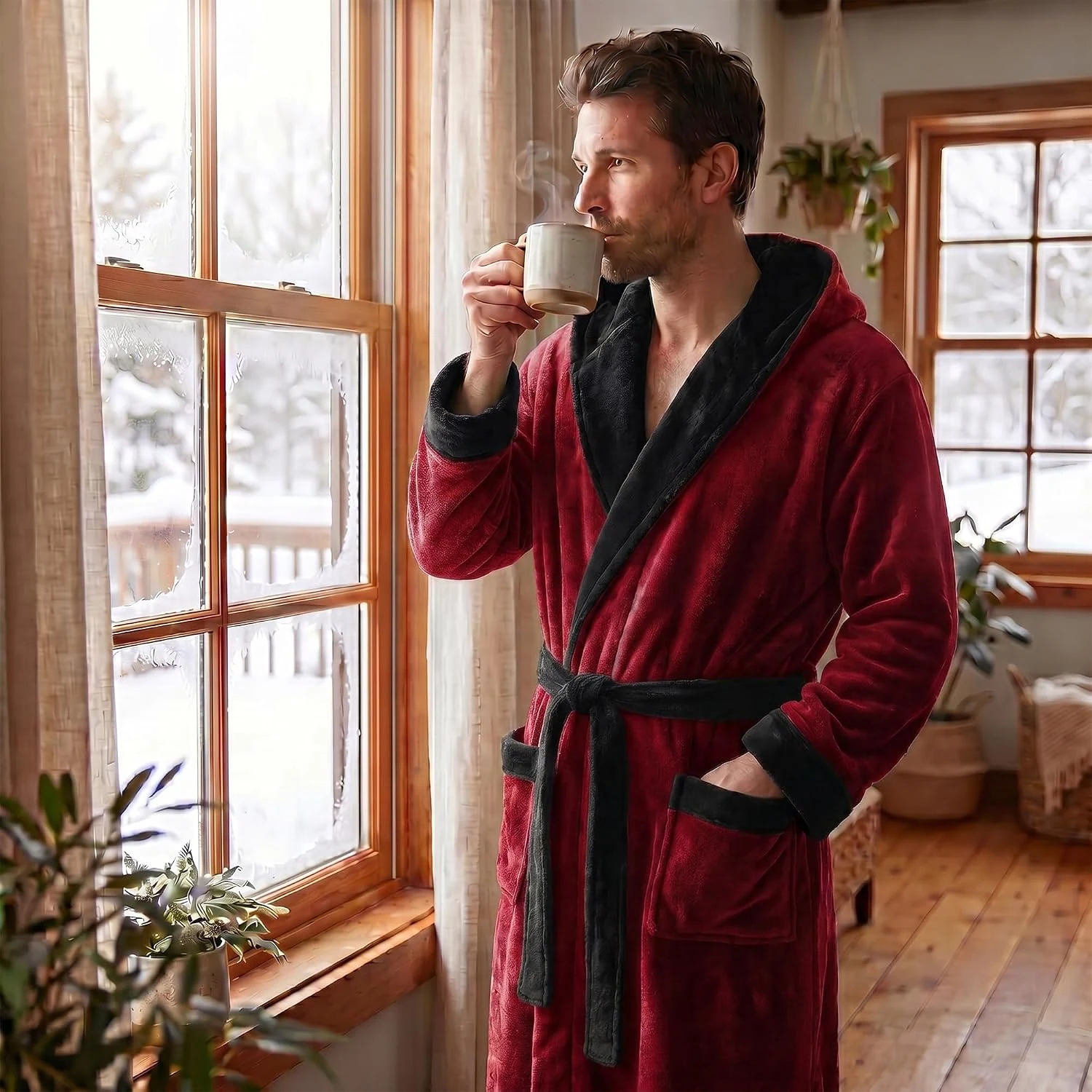 Men's Fleece Hooded Robe, Burgundy / Black