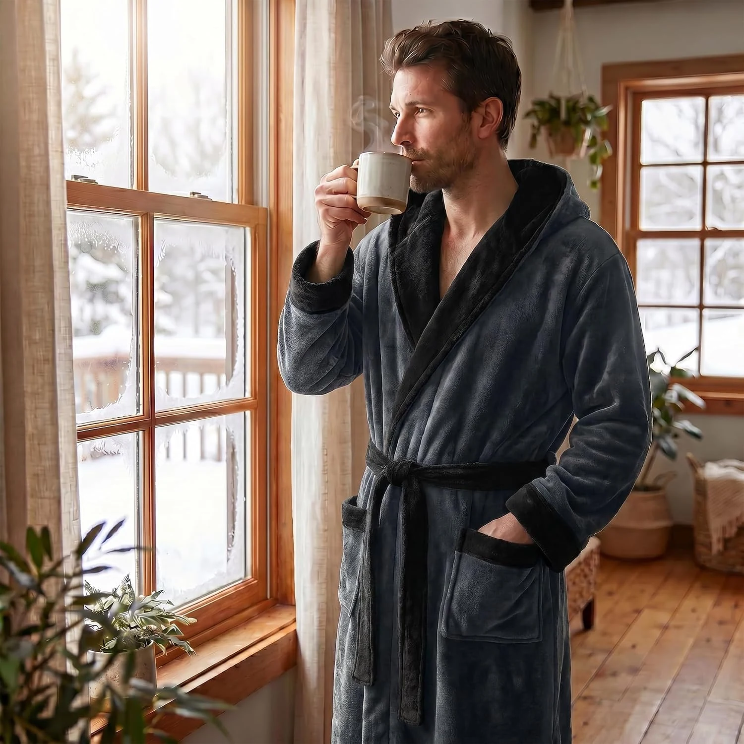 Men's Fleece Hooded Robe, Dark Grey / Black