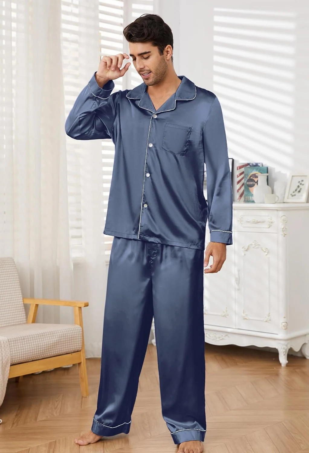 Men's Satin Pajama Set, Blue Grey