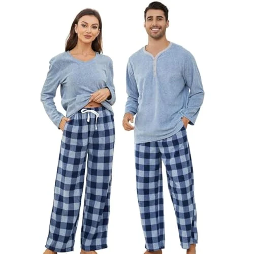 Women's Fleece Pajama Set III, Blue Melange. / Navy Blue Melange. Plaid