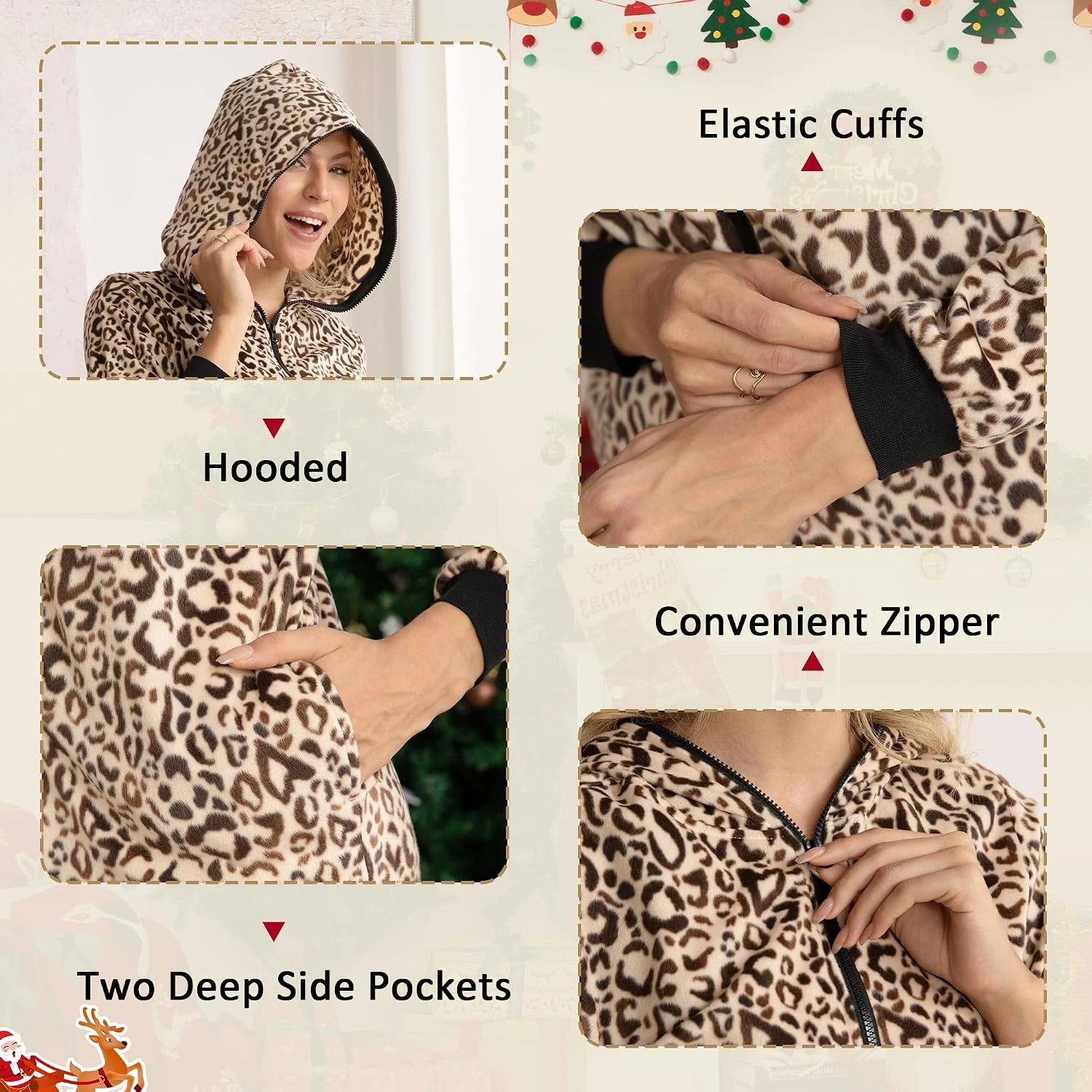 Women's Fleece Hooded Onesie III, Leopard