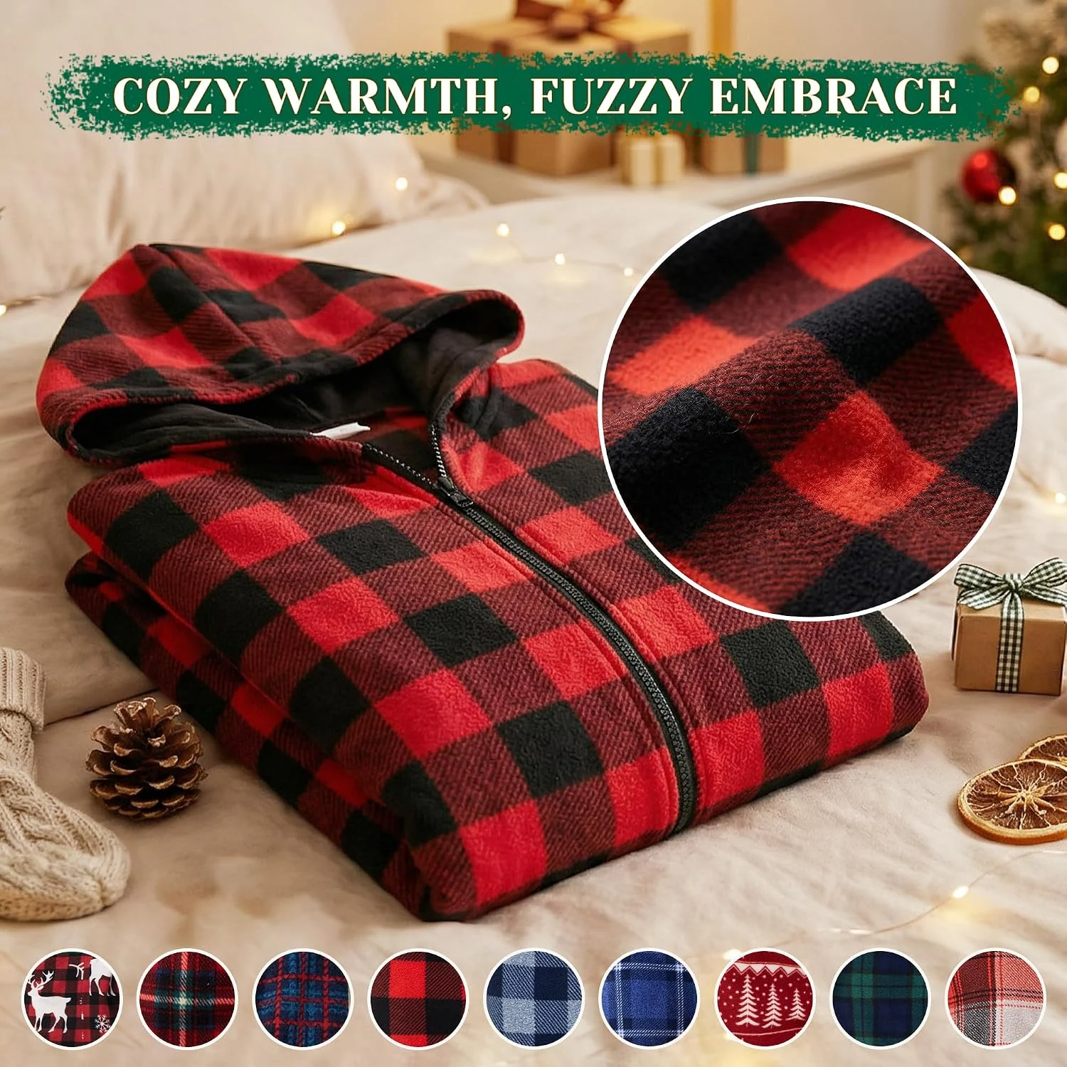 Women's Fleece Hooded Onesie, Navy Red Green Plaid
