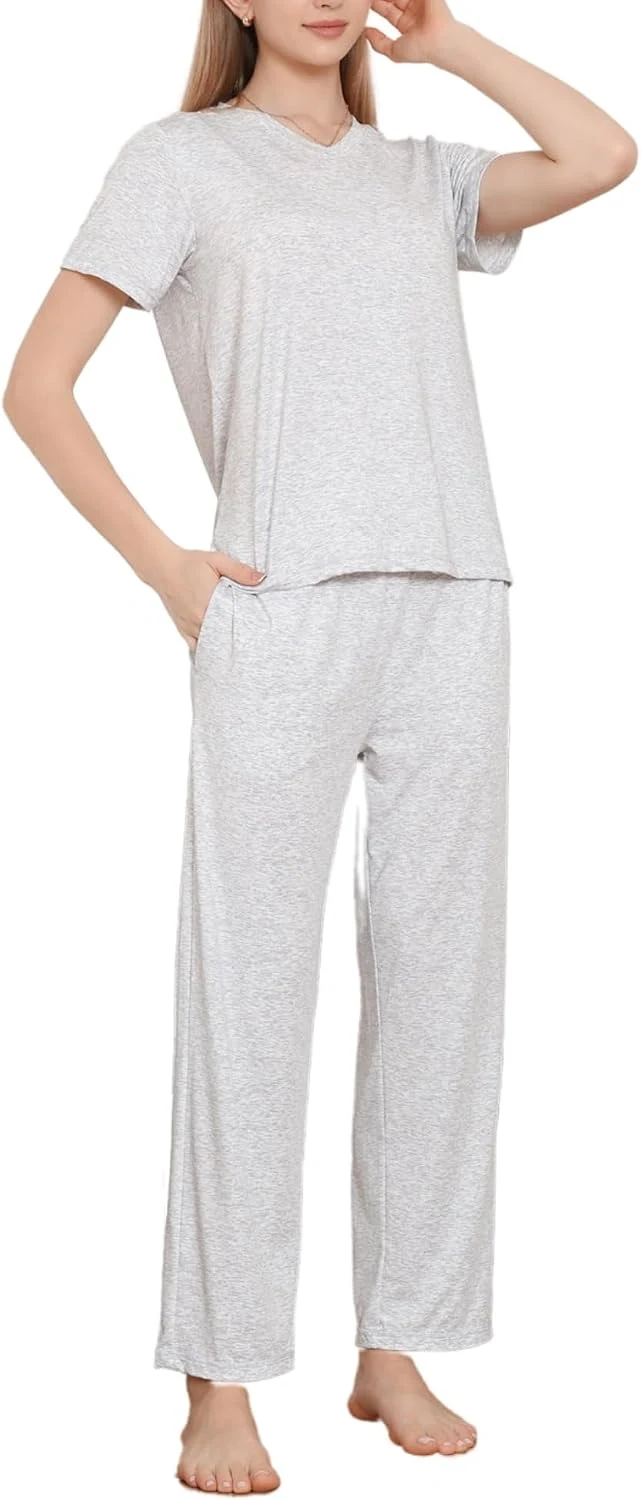 Women's Short-Sleeve Two-Piece Pajama Set, Light Grey Melange