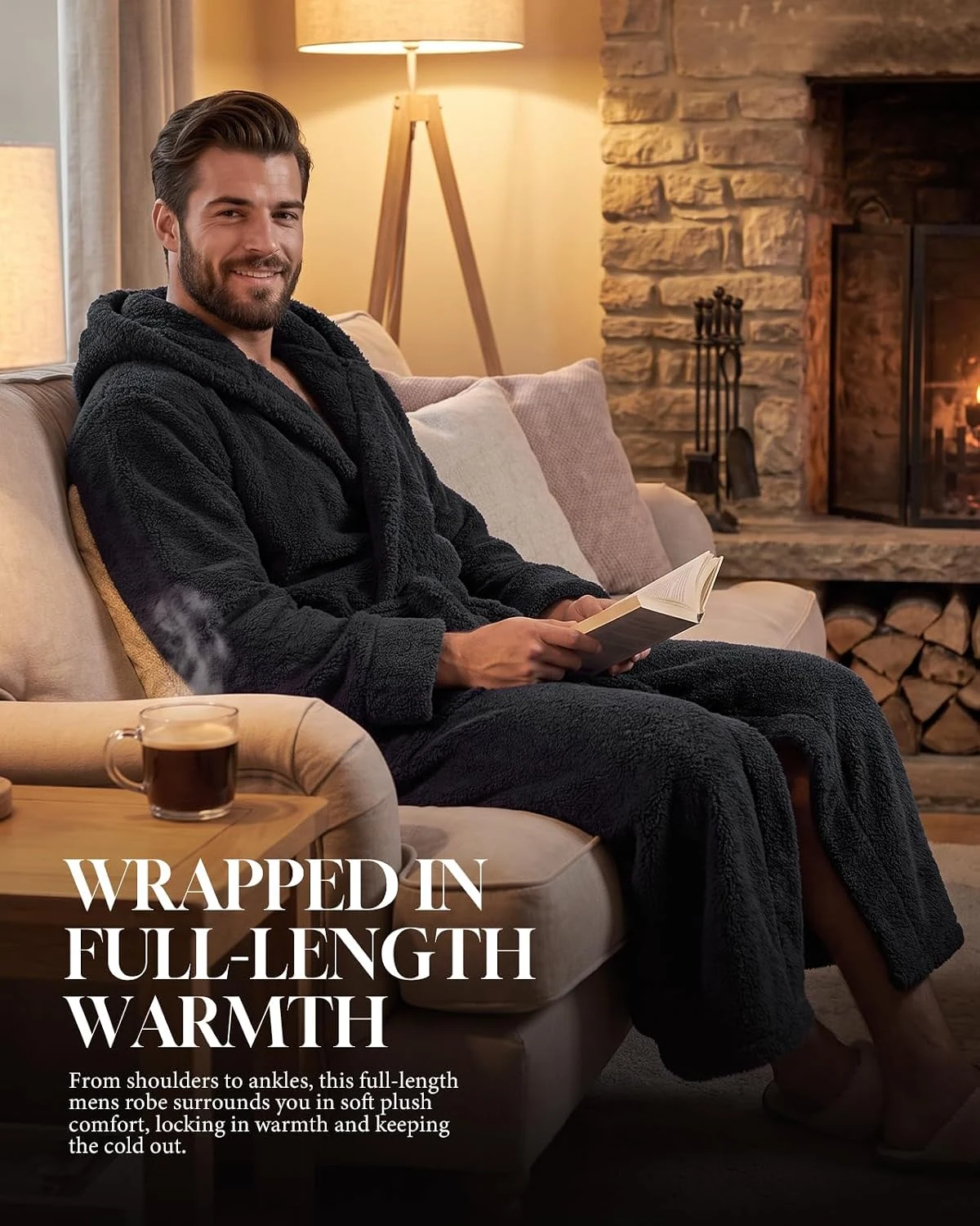 Men's Fleece Hooded Robe II, Black